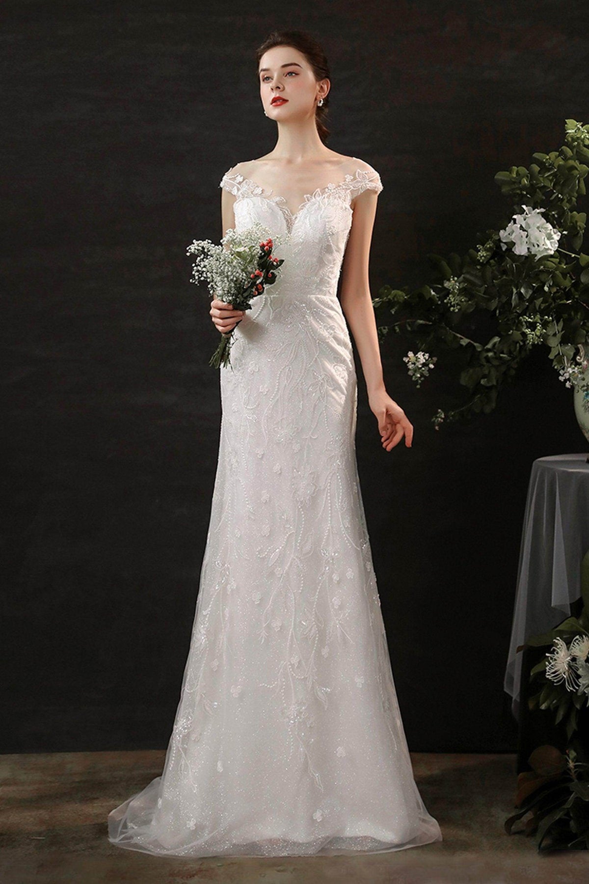 Sheath Sweep-Brush Train Lace Tulle Wedding Dress CW2700