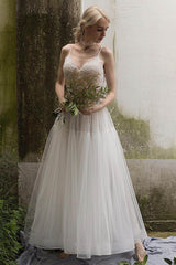 A-Line Ankle Length Lace Tulle Wedding Dress CW3020