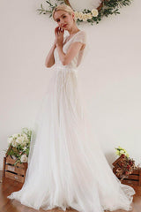 A-Line Sweep-Brush Train Lace Tulle Wedding Dress CW3045
