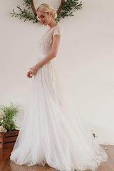 A-Line Sweep-Brush Train Lace Tulle Wedding Dress CW3045