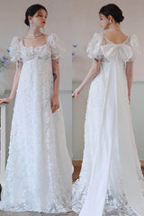 A-Line Sweep-Brush Train Lace Satin Wedding Dress CW3095