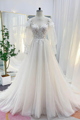 A-Line Chapel Train Lace Tulle Wedding Dress CW3240