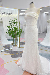 Trumpet-Mermaid Court Train Lace Satin Wedding Dress CW3280