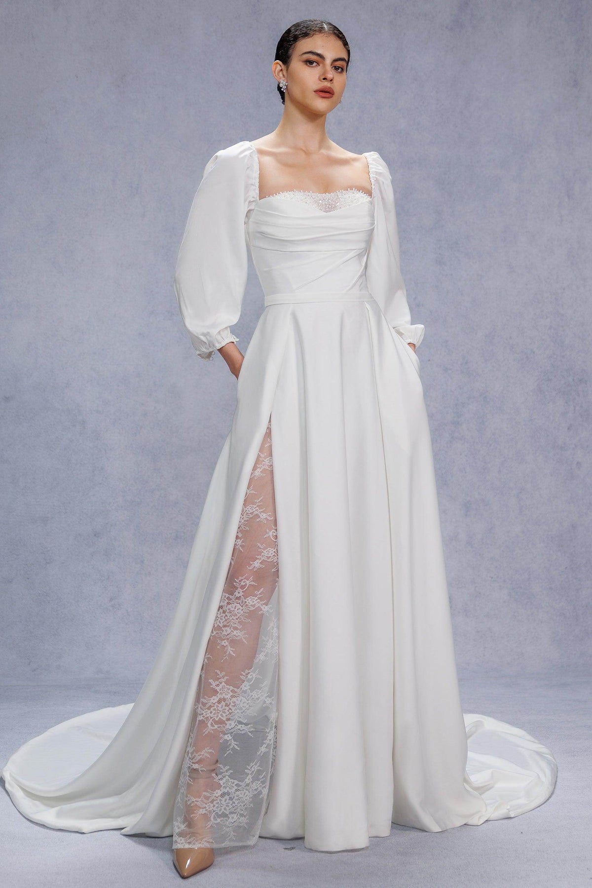 A-Line Court Train Satin Wedding Dress CW3329