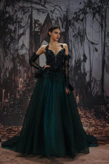 A-Line Chapel Train Sequined Lace Tulle Wedding Dress CW3347