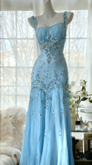 Luxury Straps Beaded Chiffon Long Prom Dress Open Back Formal Dresses