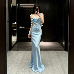Gentle Blue Mermaid Formal Dress Outfits Spaghetti Strap Satin Long Evening Gowns