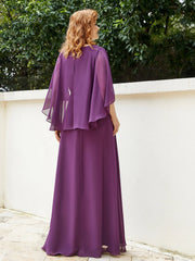 Dress Adorned with Beaded Elegance and Flutter Sleeves-Grape