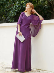 Dress Adorned with Beaded Elegance and Flutter Sleeves-Grape