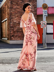 Half Sleeve Flower Applique Tulle Gown As Picture