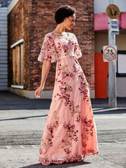 Half Sleeve Flower Applique Tulle Gown As Picture