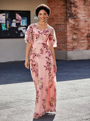 Half Sleeve Flower Applique Tulle Gown As Picture