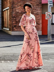 Half Sleeve Flower Applique Tulle Gown As Picture