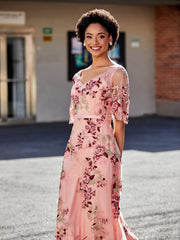 Half Sleeve Flower Applique Tulle Gown As Picture
