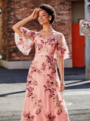 Half Sleeve Flower Applique Tulle Gown As Picture