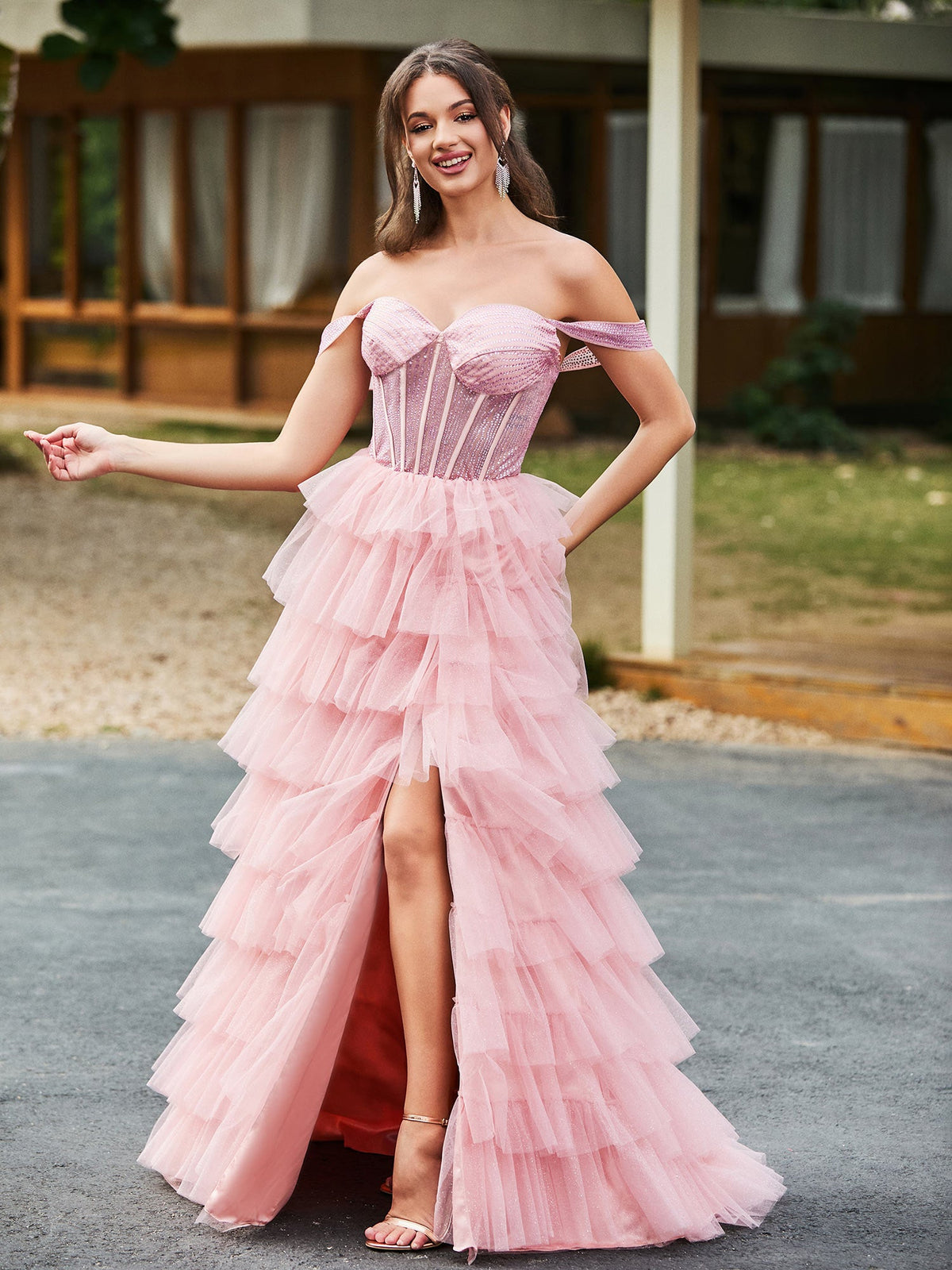 Off the Should Diamond Corset Top Maxi Dress Dusty Rose