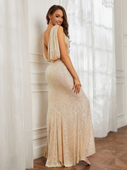 Plunging V-neck Rhinestone Decor Sequins Dress Champagne