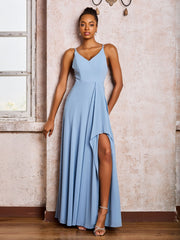 Deep V-neck Slit Chiffon Dresses With Spaghetti Straps Dusty Blue