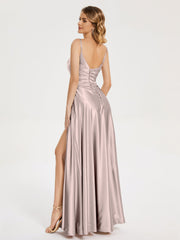 Split Soft Satin Prom Dresses