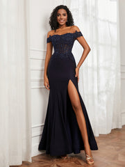 Appliqued Floor-Length Jersey Dress With Slit Dark Navy