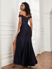 Appliqued Floor-Length Jersey Dress With Slit Dark Navy
