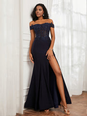 Appliqued Floor-Length Jersey Dress With Slit Dark Navy