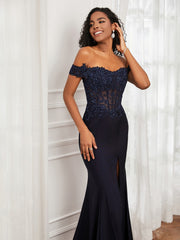 Appliqued Floor-Length Jersey Dress With Slit Dark Navy