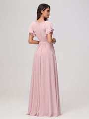 Bateau Neckline Flutter Sleeves Floor-length Dress Dusty Rose