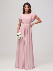 Bateau Neckline Flutter Sleeves Floor-length Dress Dusty Rose