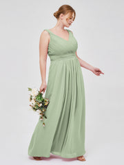 V-neck Full Length Chiffon Dress with Pleated Bodice Dusty Sage