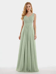 V-neck Full Length Chiffon Dress with Pleated Bodice Dusty Sage