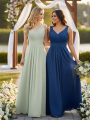 V-neck Full Length Chiffon Dress with Pleated Bodice Dusty Sage