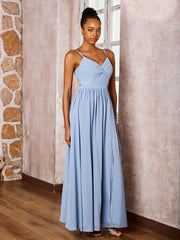 Criss-Cross Back Spaghetti Straps V-neck A-line Slit Dress Dusty Blue