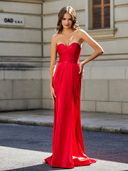 Strapless Lace Up Back Sheath Gown Red