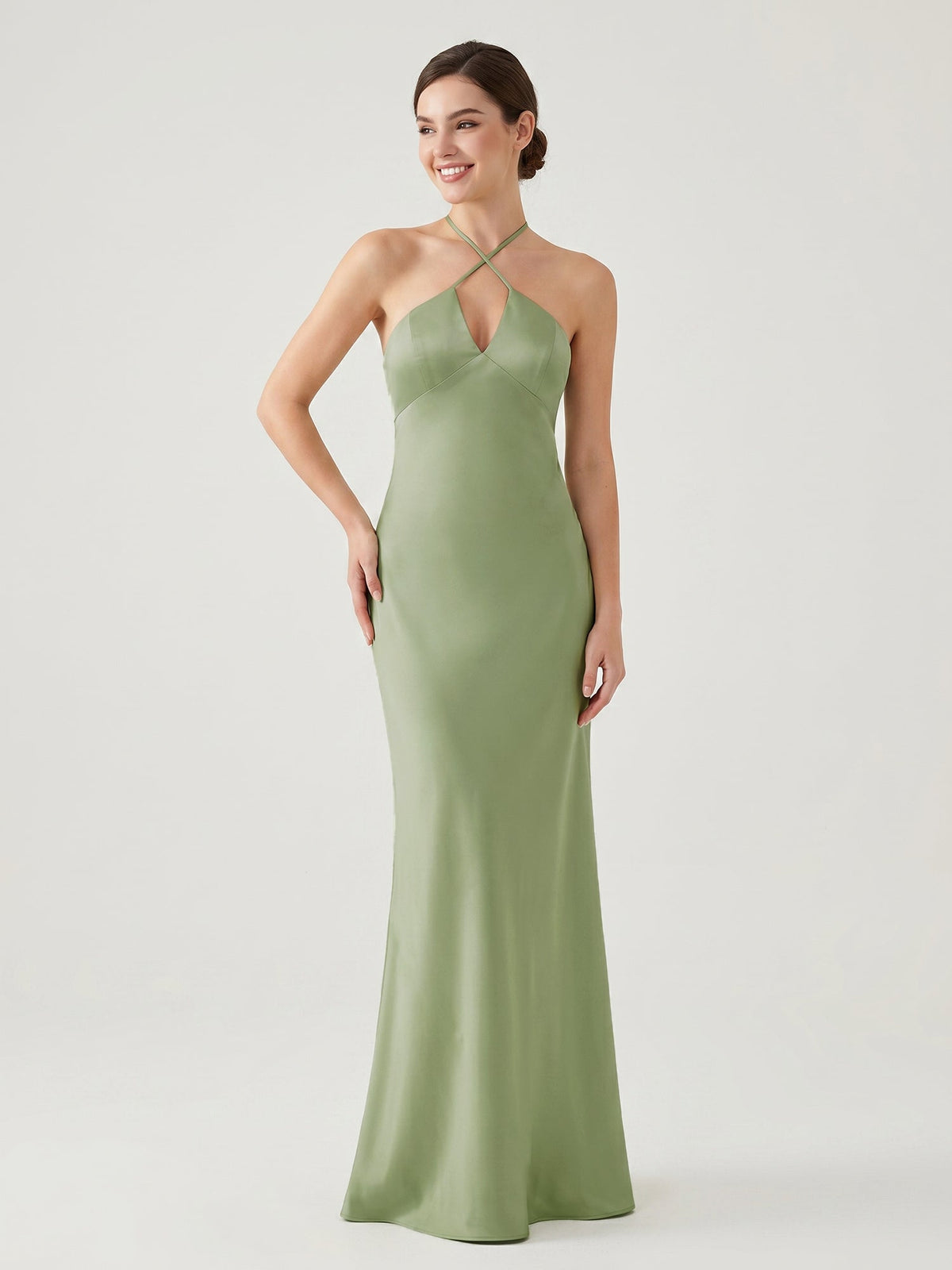 Slim Fit Satin-Blend Dress with Self-Tie Halter Dusty Sage