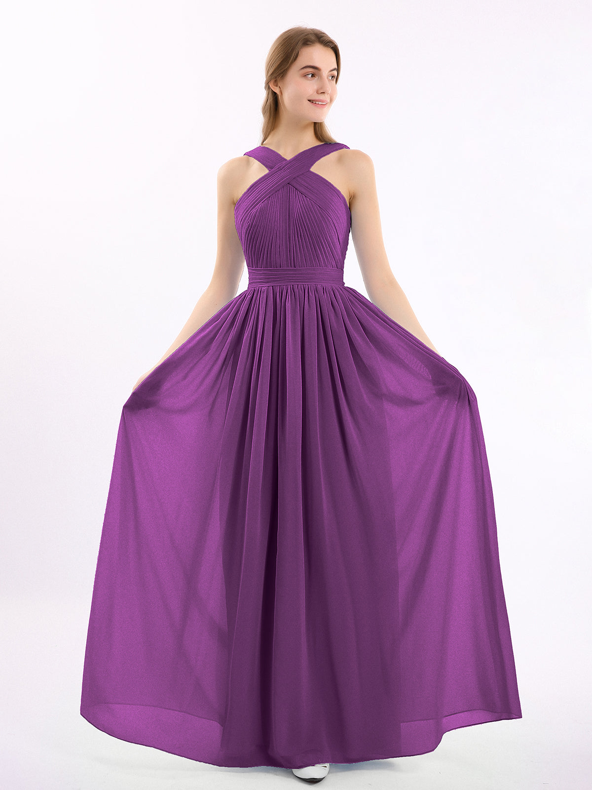 Cross Front Chiffon Long Dress with Bow Grape