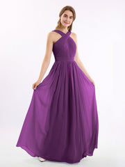 Cross Front Chiffon Long Dress with Bow Grape