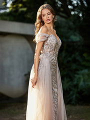 Lace Up Back Off Shoulder Tulle Gown Champagne
