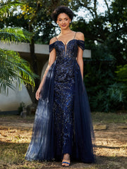 Lace Up Back Off Shoulder Tulle Prom Dresses Dark Navy