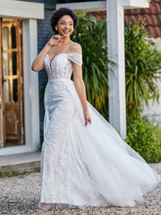 Lace Up Back Off Shoulder Tulle Gown Ivory