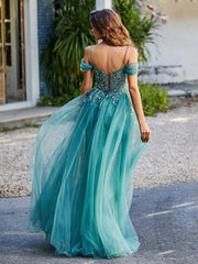 Lace Up Back Off Shoulder Tulle Gown Jade