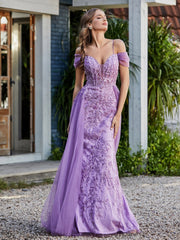 Lace Up Back Off Shoulder Tulle Gown Lilac