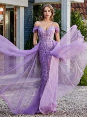 Lace Up Back Off Shoulder Tulle Gown Lilac
