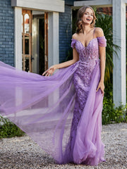 Lace Up Back Off Shoulder Tulle Gown Lilac