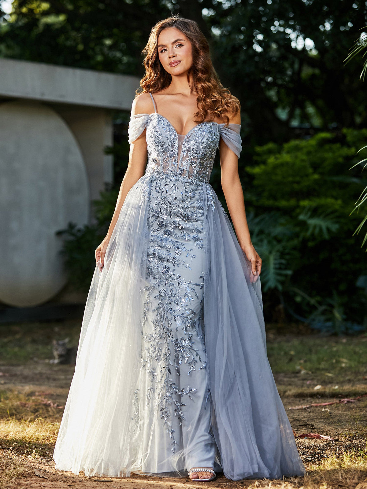 Lace Up Back Off Shoulder Tulle Gown Silver