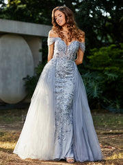 Lace Up Back Off Shoulder Tulle Gown Silver