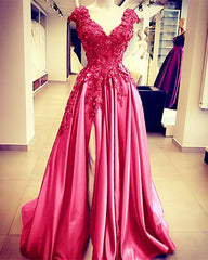 Cap Sleeves Prom Dresses Long Satin Evening Gown Lace Beaded Leg Split
