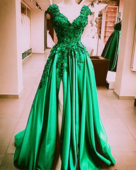 Cap Sleeves Prom Dresses Long Satin Evening Gown Lace Beaded Leg Split