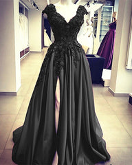 Cap Sleeves Prom Dresses Long Satin Evening Gown Lace Beaded Leg Split
