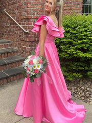 Cap Sleeves Hot Pink Satin Long Prom Dresses with High Slit, Long Pink Formal Graduation Evening Dresses